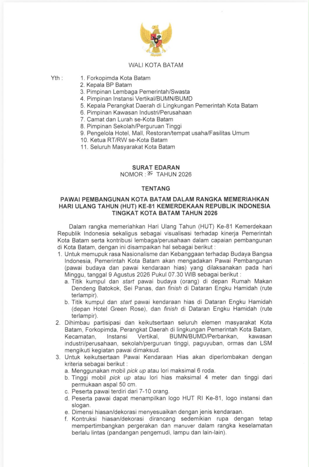 Sambut HUT ke-81 RI, Amsakar-Li Claudia Ajak Warga Batam Ikut Pawai Pembangunan